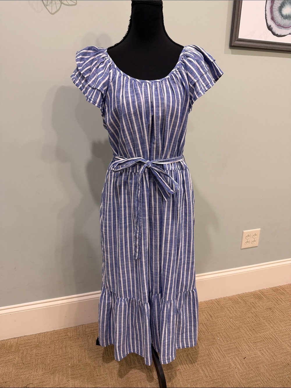St. John's Bay Blue and White Striped Maxi Dress with Tie Waist